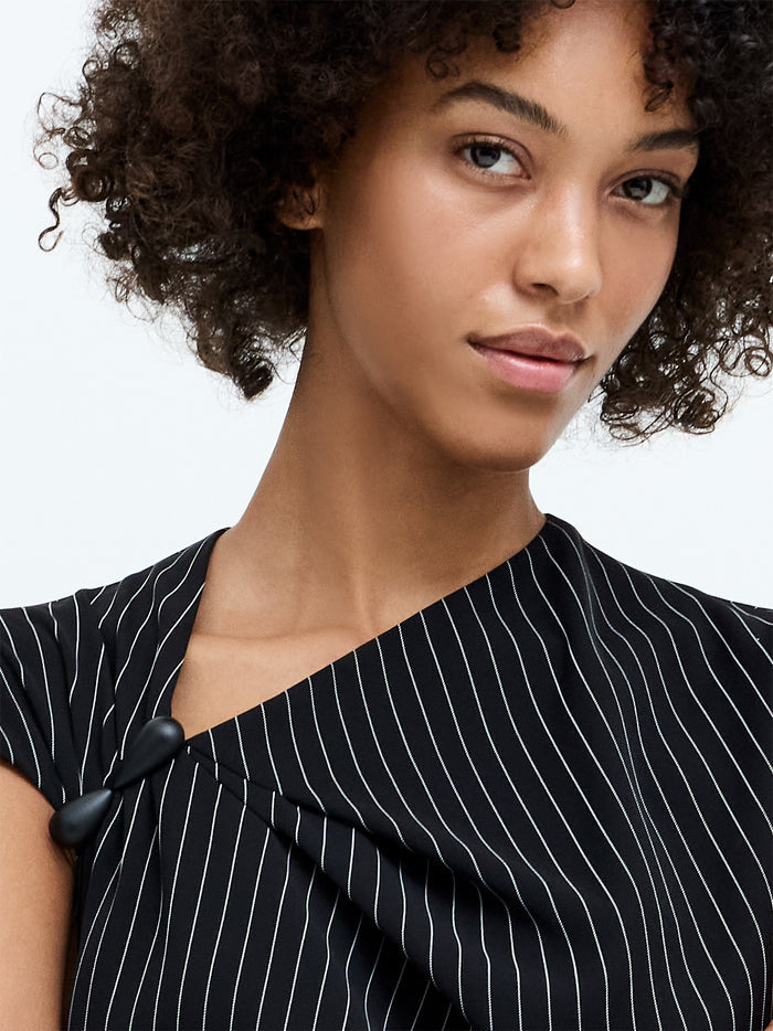 Vinnie Black Pinstripe Draped Midi Dress