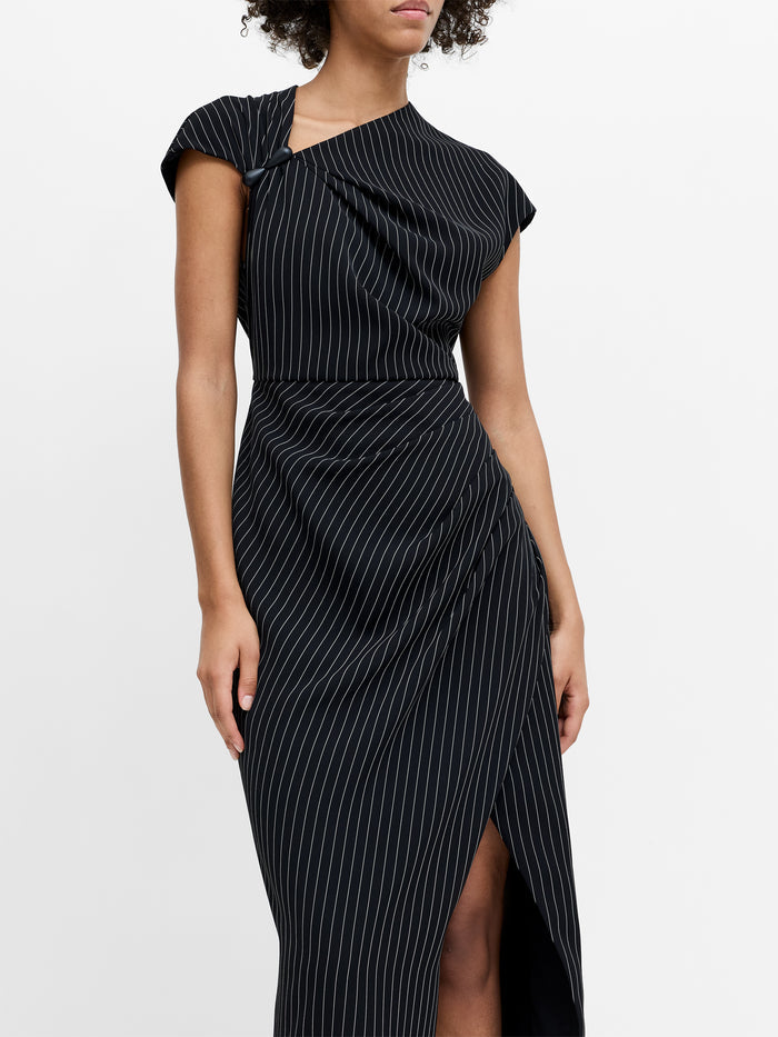 Vinnie Black Pinstripe Draped Midi Dress