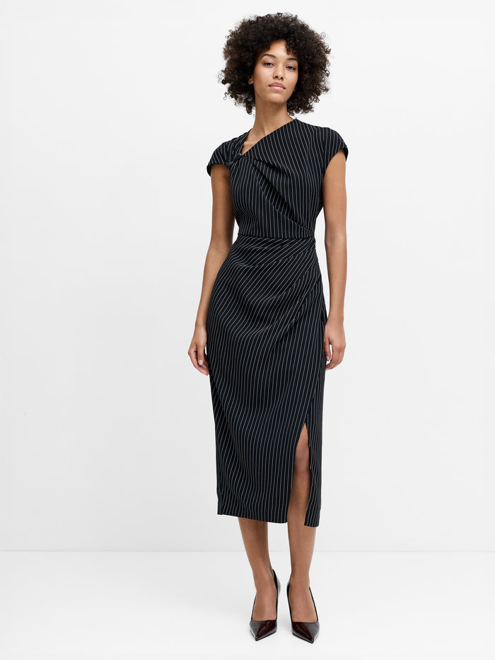 Vinnie Black Pinstripe Draped Midi Dress