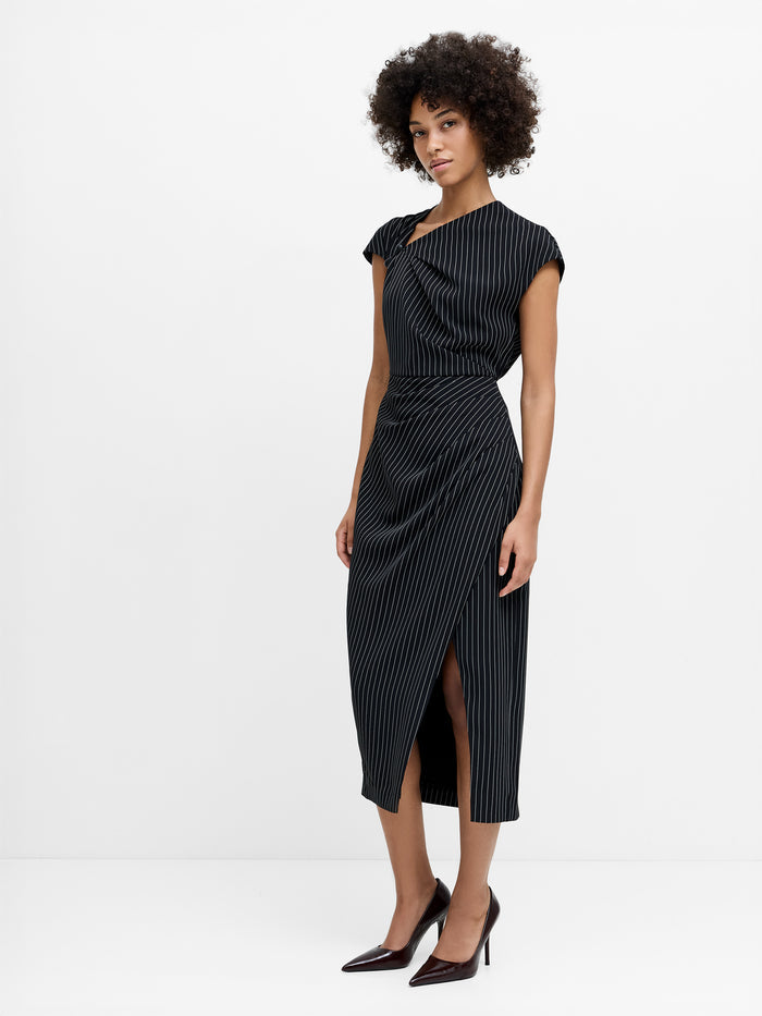 Vinnie Black Pinstripe Draped Midi Dress