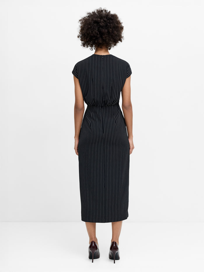 Vinnie Black Pinstripe Draped Midi Dress
