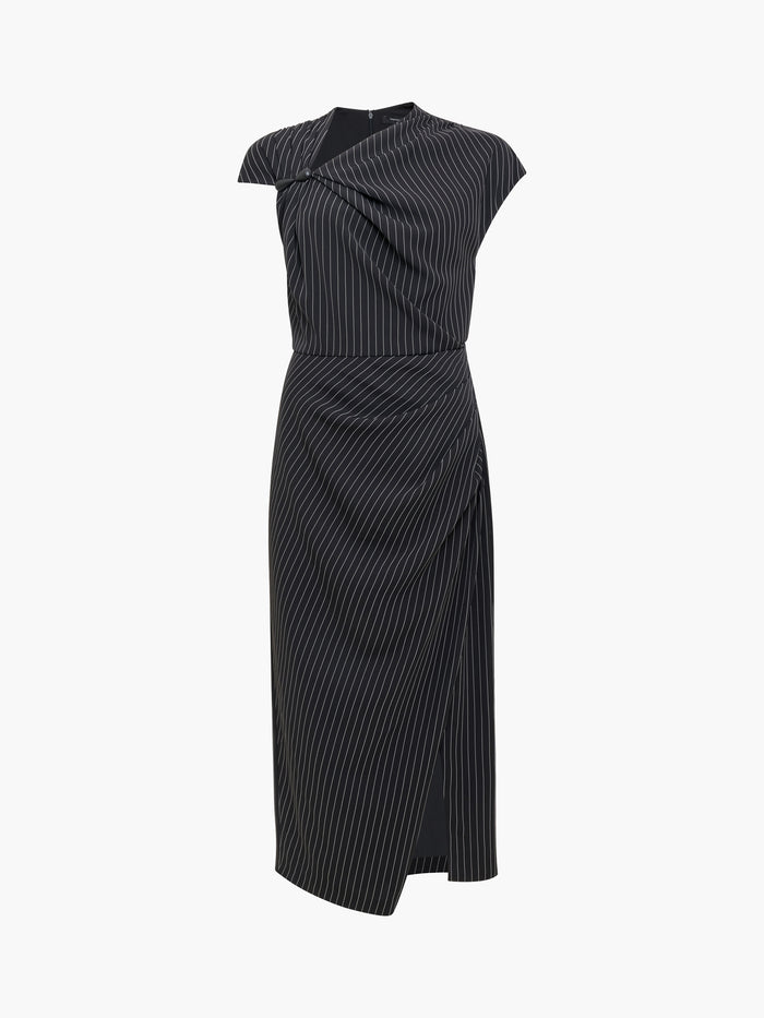 Vinnie Black Pinstripe Draped Midi Dress