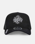 Displays the Black 'Hoodrich' branded Virtux 5 Panel Trucker Cap