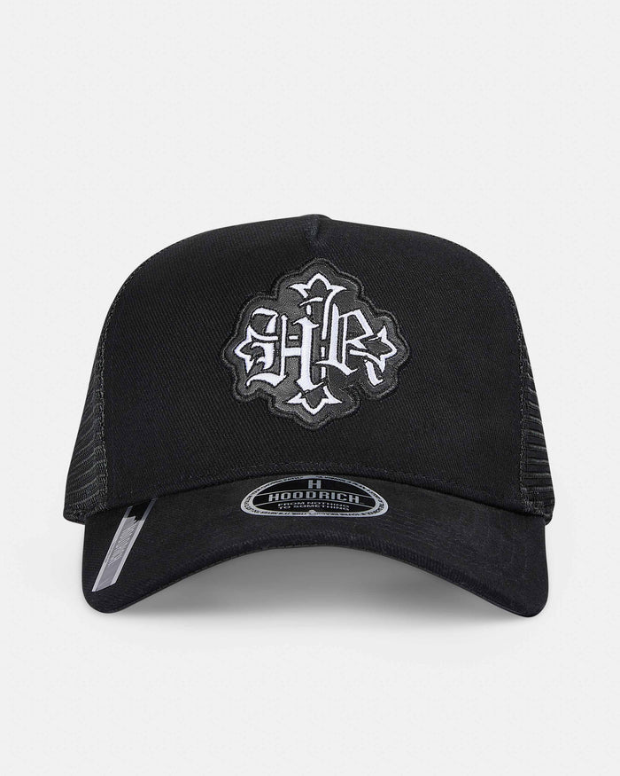 Displays the Black 'Hoodrich' branded Virtux 5 Panel Trucker Cap