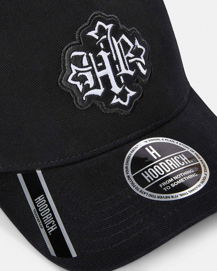 Displays the Black 'Hoodrich' branded Virtux 5 Panel Trucker Cap