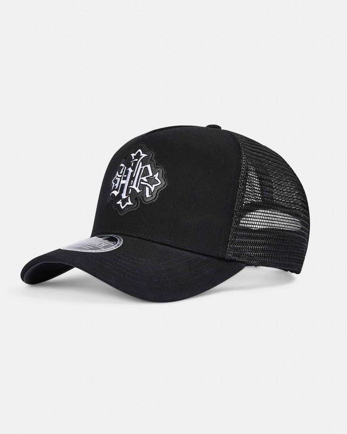 Displays the Black 'Hoodrich' branded Virtux 5 Panel Trucker Cap