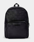 Black checkered backpack on a light gray background