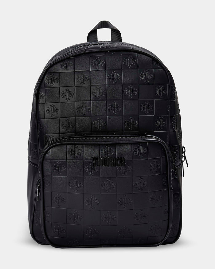 Black checkered backpack on a light gray background