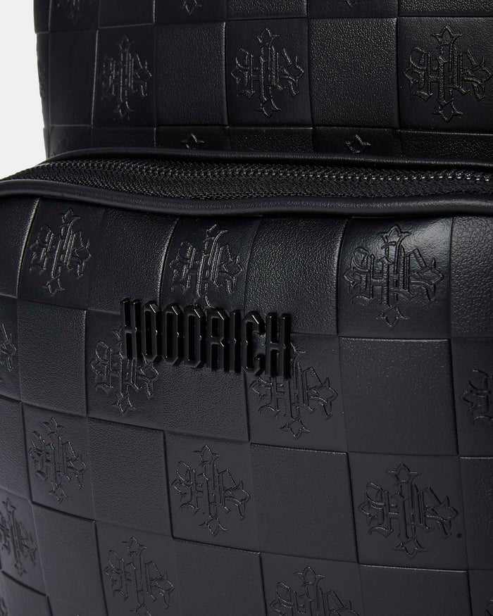 Black textured backpack with a brand logo on a white background