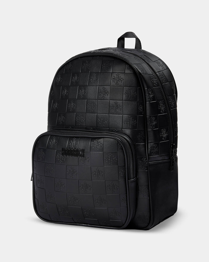 Black textured backpack on a light gray background
