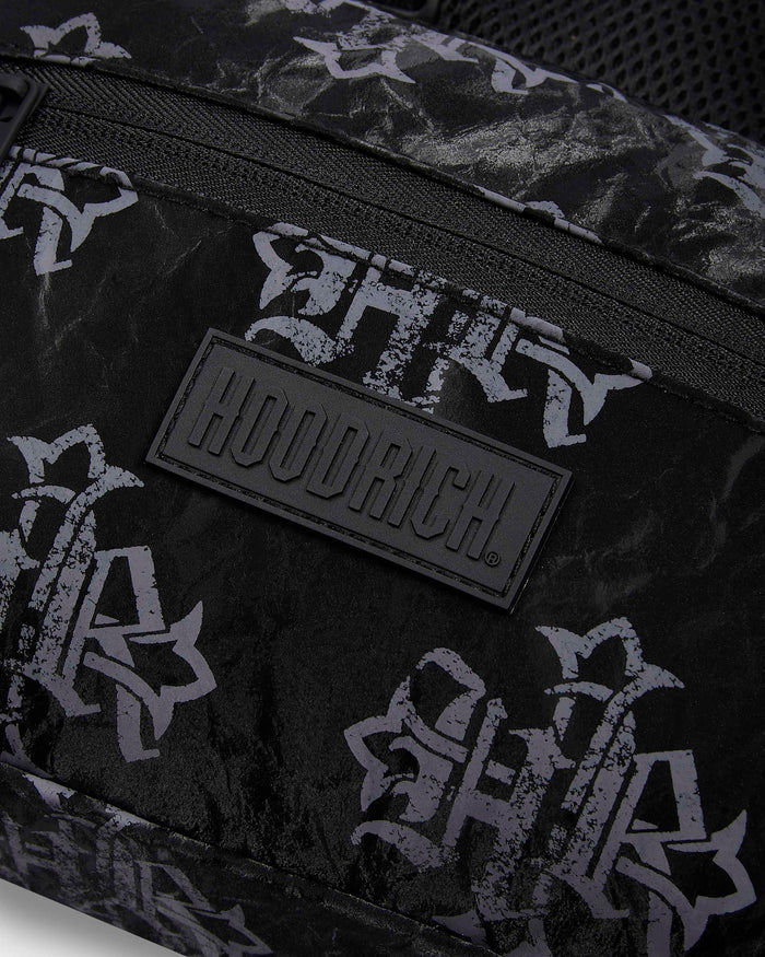 Black bag with HooDRICH branding and black and white pattern