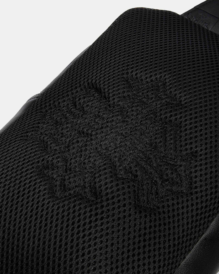 Close-up of a black textured fabric with a subtle pattern on a white background