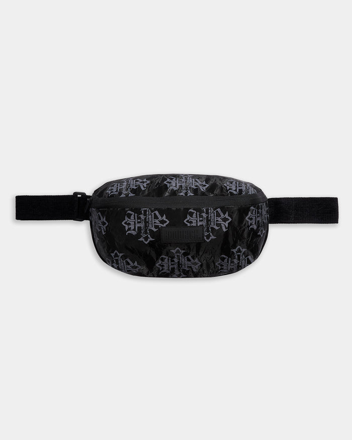 Black waist bag with pattern on a white background