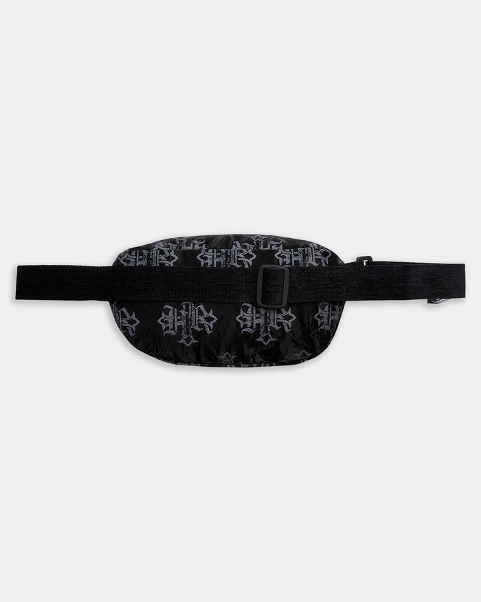 Black waist bag with pattern on a white background