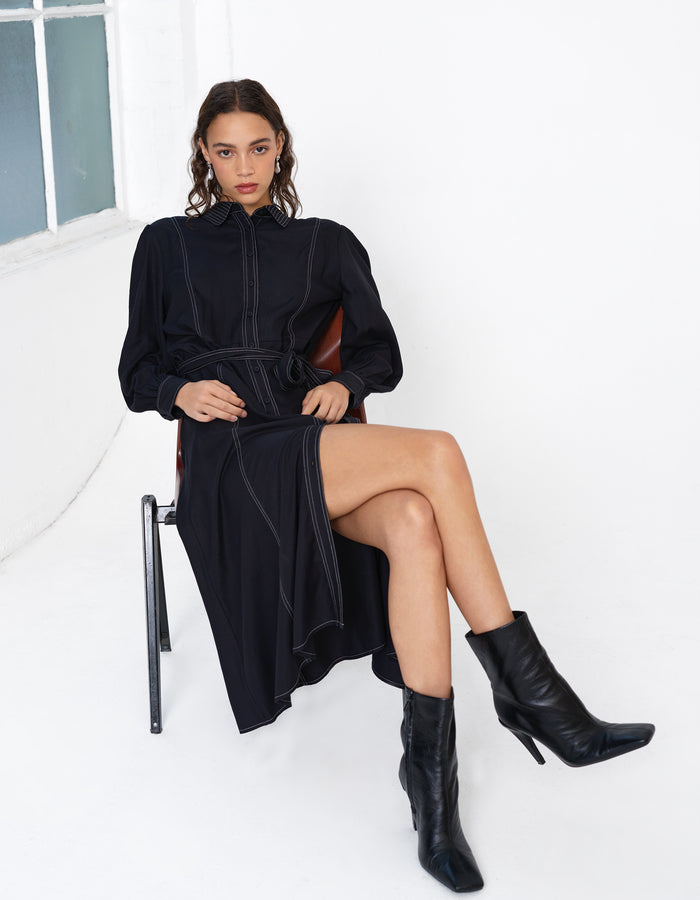 Viscose Twill Contrast Stitching Black Shirt Dress