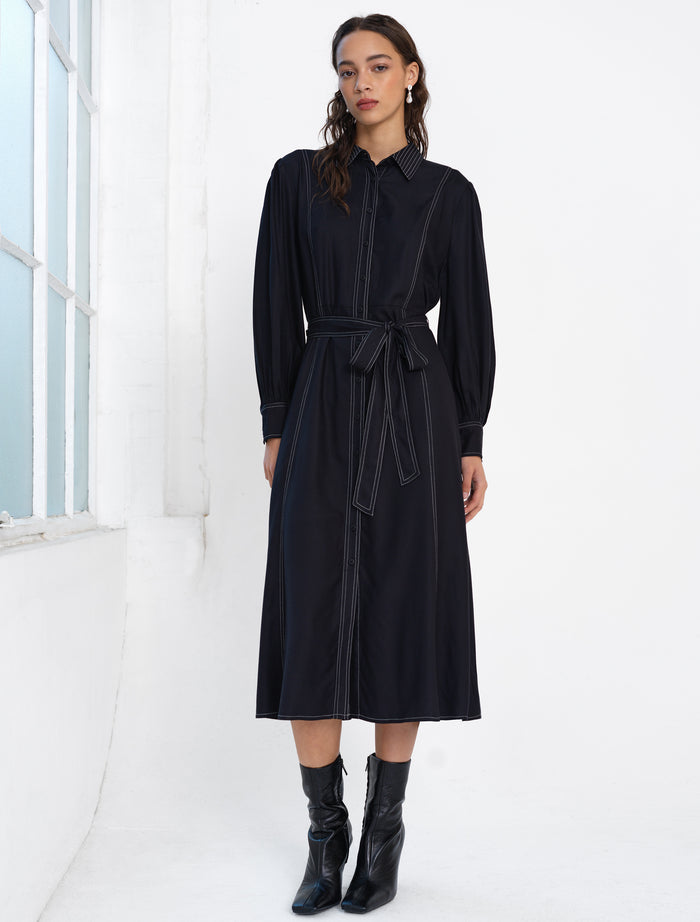 Viscose Twill Contrast Stitching Black Shirt Dress
