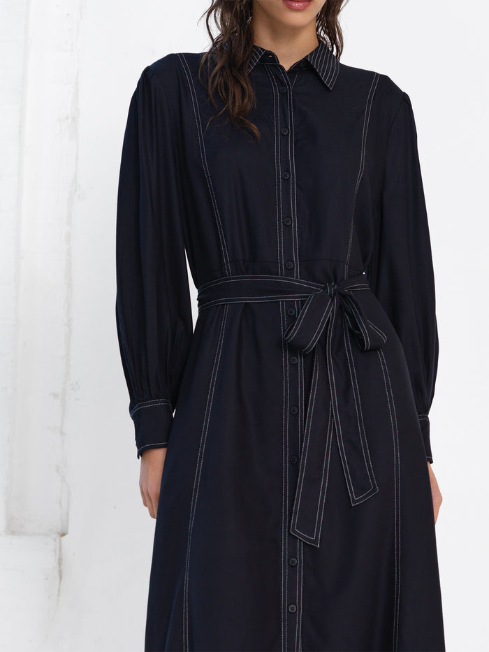 Viscose Twill Contrast Stitching Black Shirt Dress