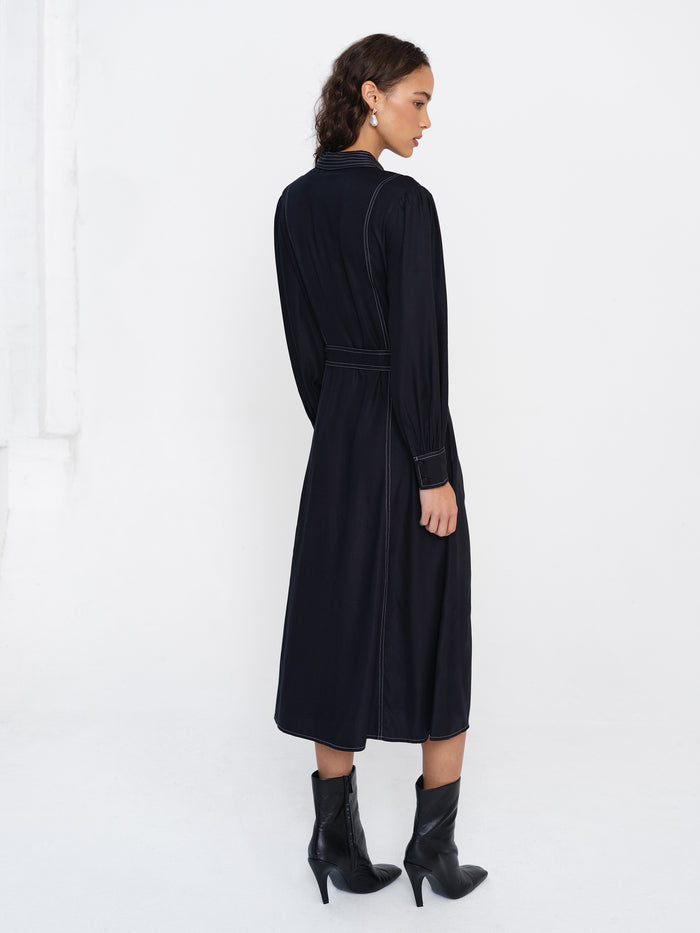 Viscose Twill Contrast Stitching Black Shirt Dress