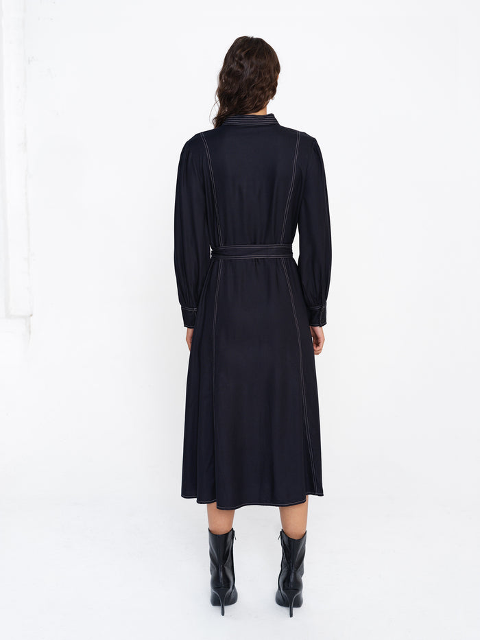 Viscose Twill Contrast Stitching Black Shirt Dress
