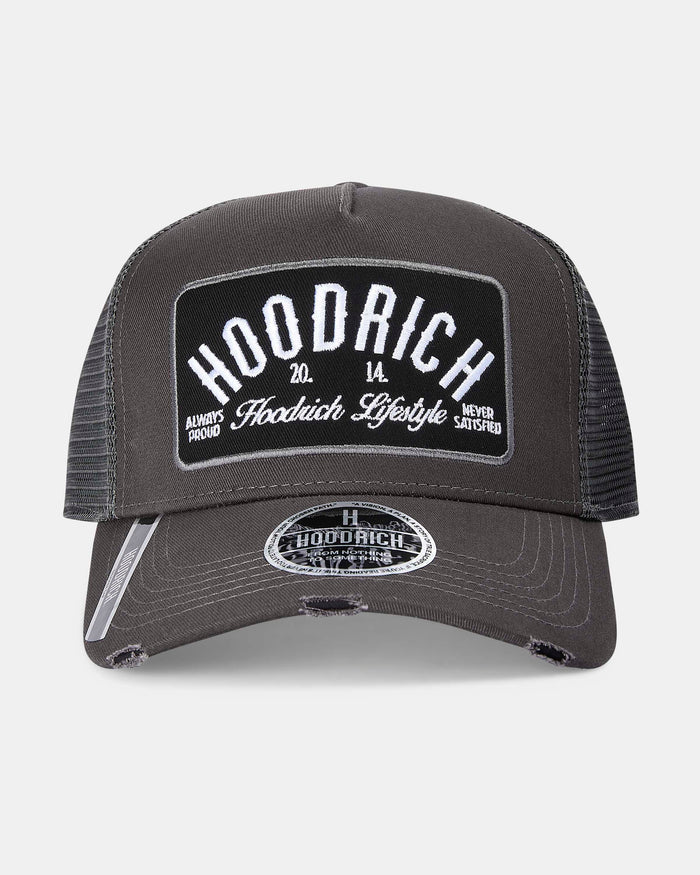 Black trucker cap with 'Hoodrich' branding on a white background