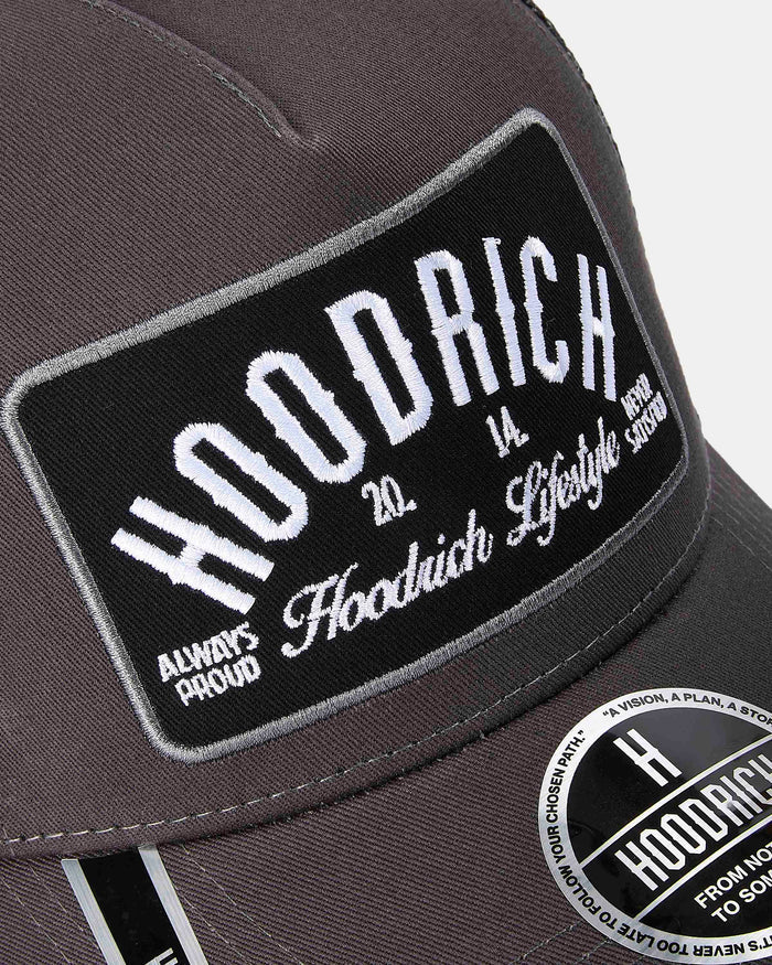Gray cap with 'Hoodrich' branding and text on a white background