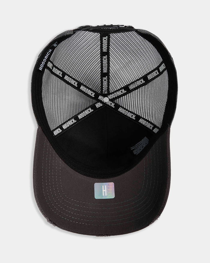 Black cap with mesh back and brand logo on a white background