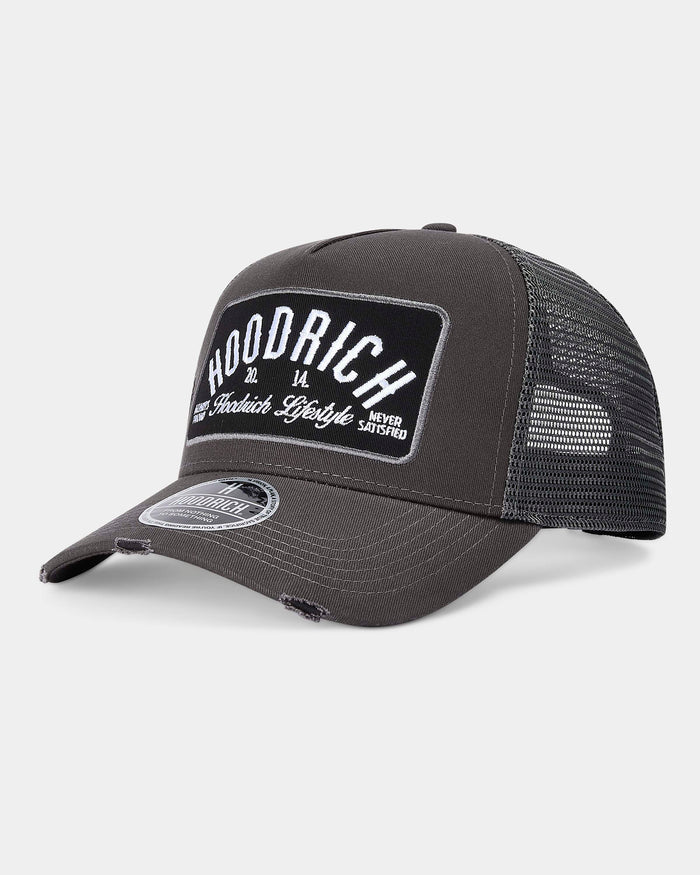 Black trucker cap with 'Hoodrich' logo on a white background