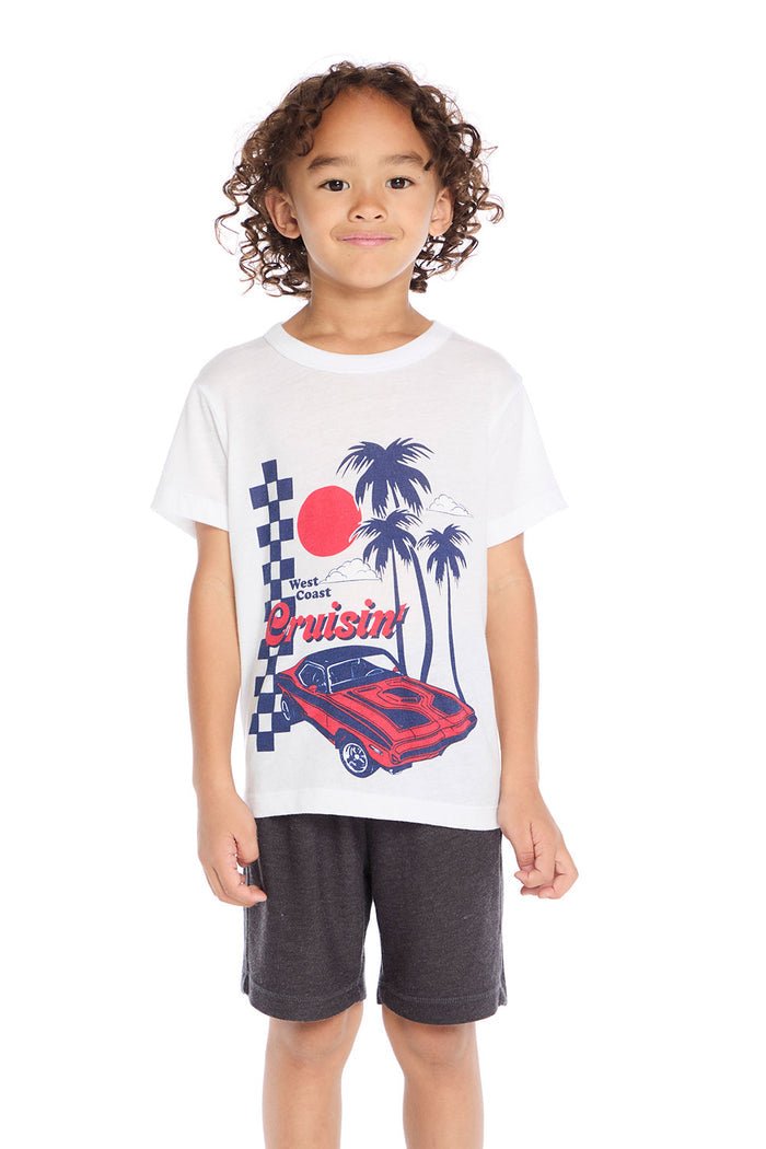 Front view of Chaser Kids West Coast Cruisin Tee in White featuring a red muscle car graphic with palm trees and checkered flag detail
