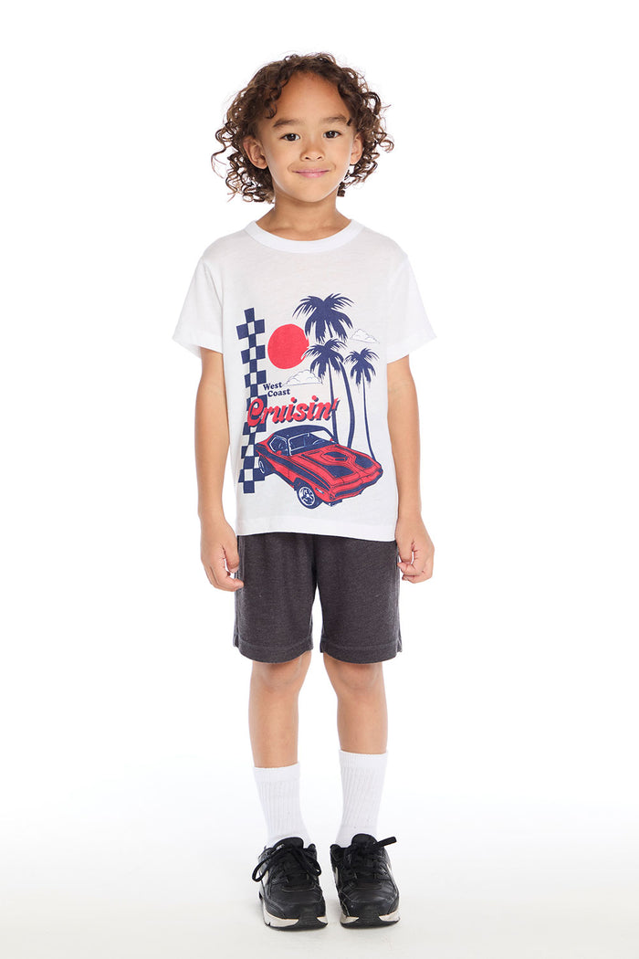 Full body view of Chaser Kids West Coast Cruisin Tee shown with the Vintage Black Cozy Knit Cozy Beach Short for a laid-back SoCal vibe