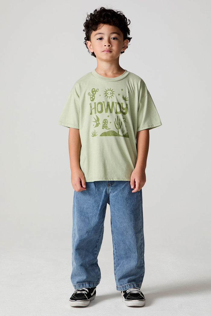Full body front view of a boy wearing the Chaser Western Time Tee on a neutral background