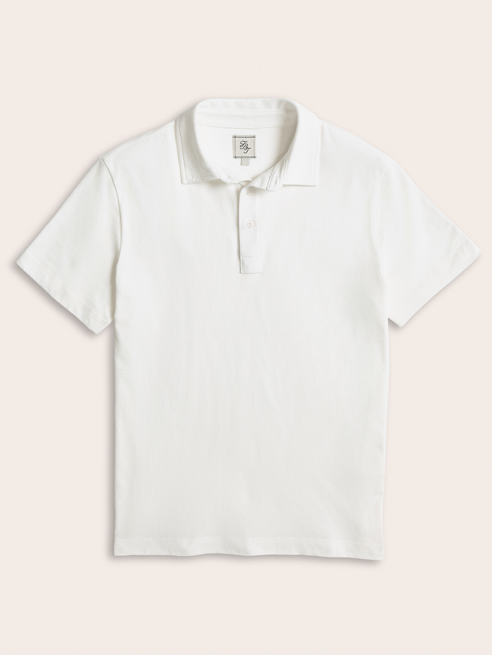 White cotton pique polo shirt, flat lay, front view