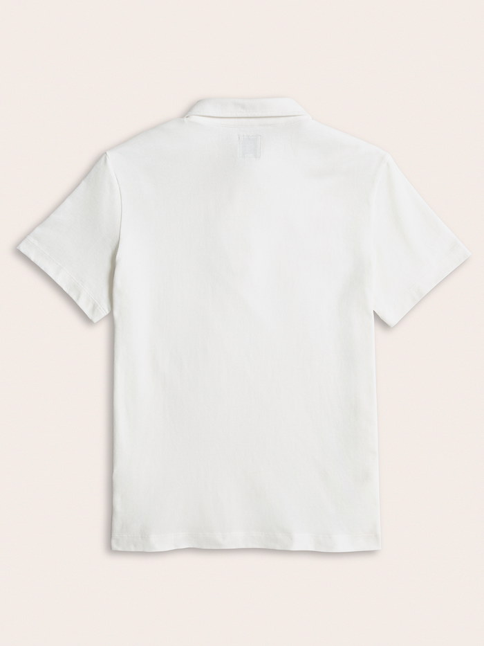 White cotton pique polo shirt, flat lay, back view