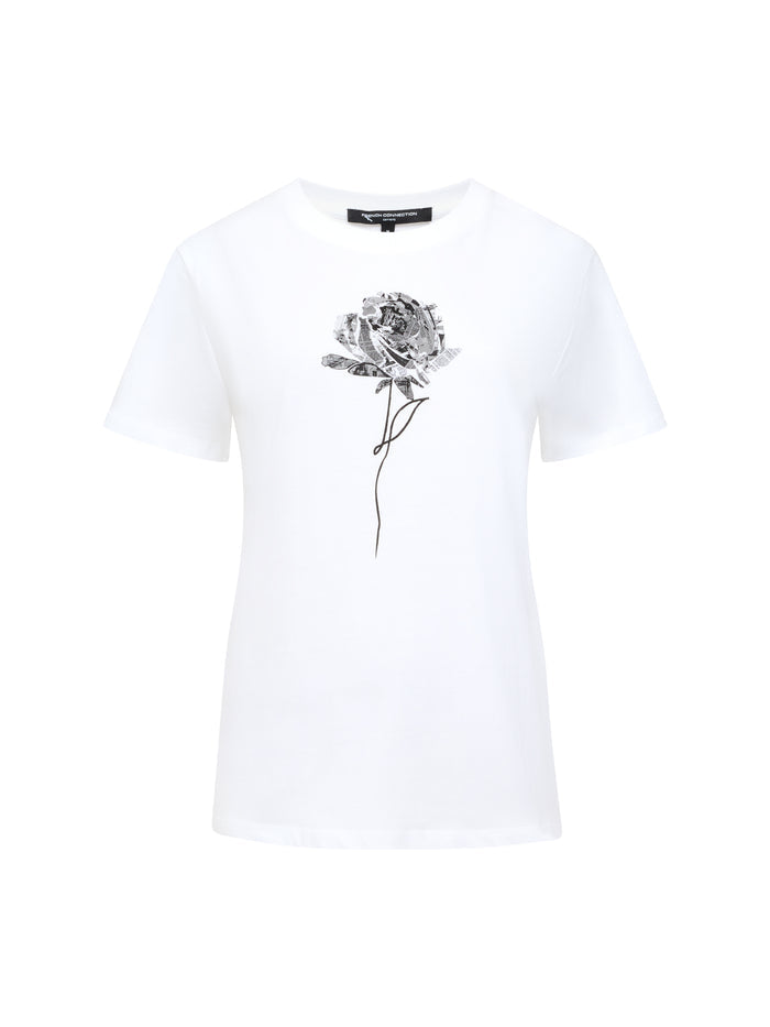 White Newspaper Rose Print Graphic T-Shirt