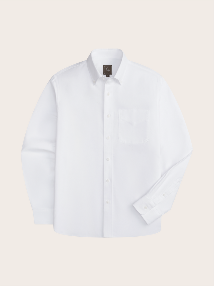 White oxford dress shirt, flat lay, front view with chest pocket