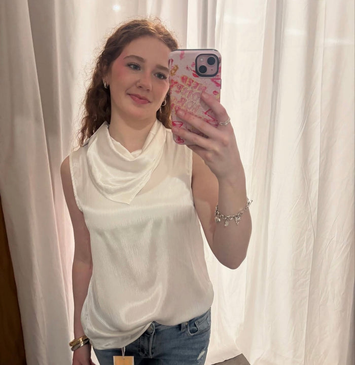 White satin cowl neck tank
