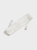 White satin cummerbund with horizontal pleats, straps extended, laid flat