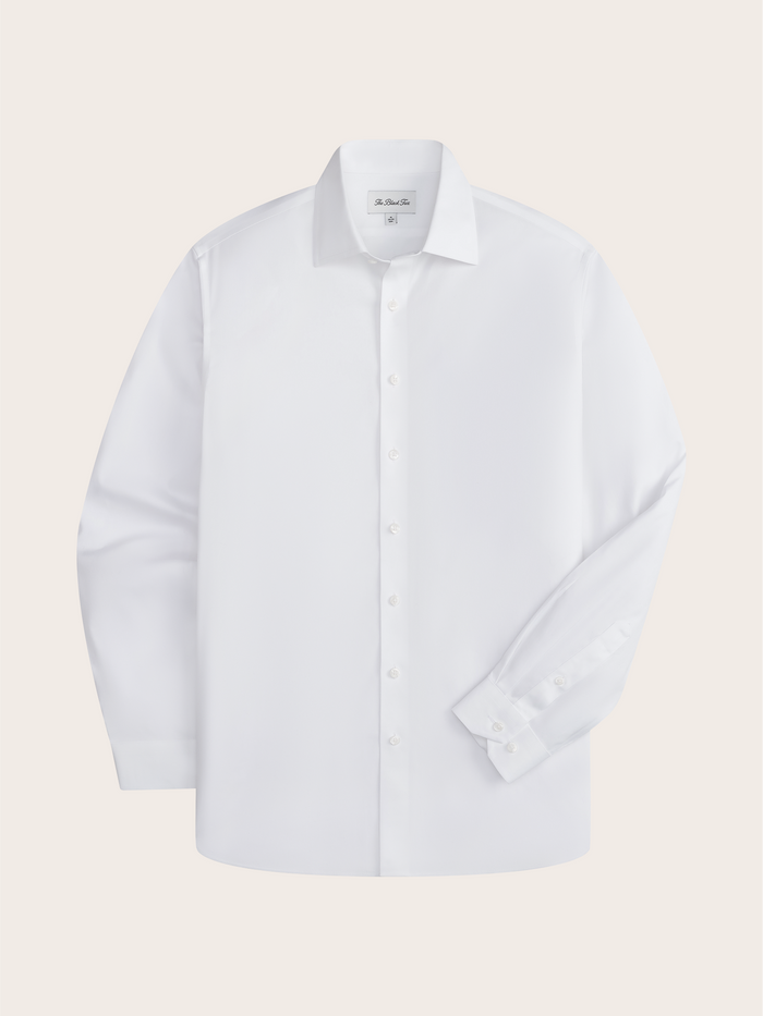 White stretch cotton dress shirt, flat lay, front view