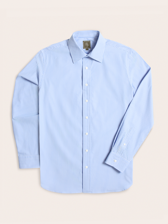 Light blue and white wide stripe dress shirt, flat lay, front view