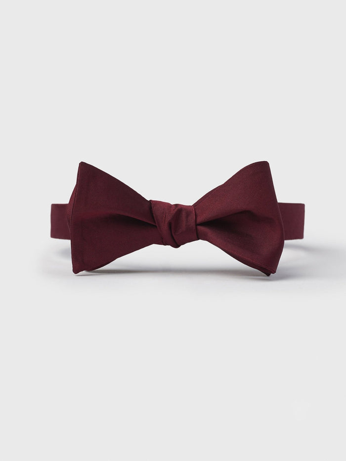 Wine silk butterfly bow tie, tied, on light grey background