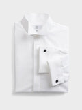 White wing-collar fly-front dress shirt, flat lay, folded with cufflinks visible