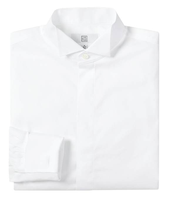 White wing-collar fly-front dress shirt, flat lay, folded