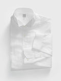 White pleated-front tuxedo shirt, flat lay, folded with wing collar and French cuffs