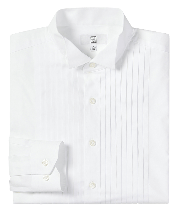 White wing-tip tuxedo shirt with pleated bib, folded flat, front view