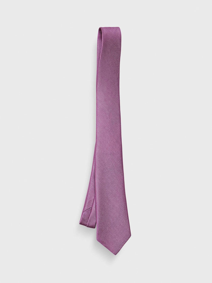 Wisteria purple silk tie hanging straight with folded loop at top on light grey background