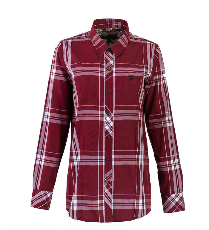The Women's Breeze Shirt in Merlot Red features long sleeves, a button-up front, organic cotton fabric, white and light pink plaid patterns, a collar, and a single chest pocket.