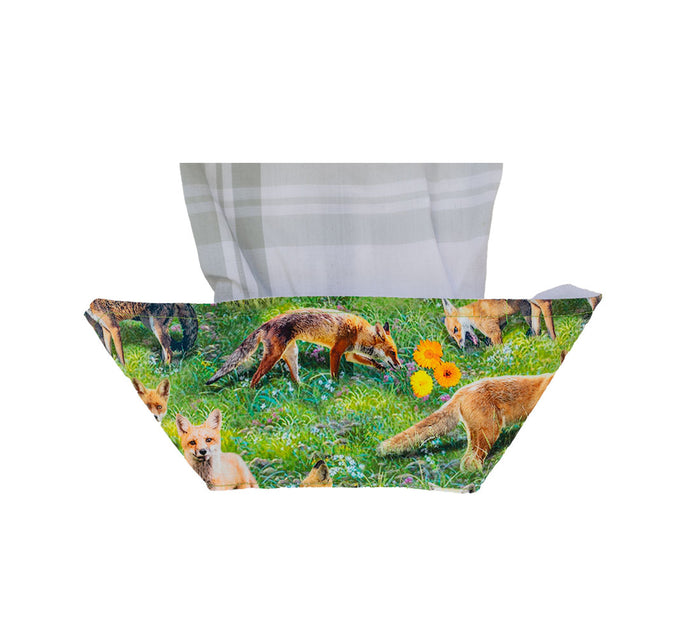 A fabric basket with a fox print and white-gray lining, ideal for storing the Pladra Women's Breeze Shirt—Spring White.
