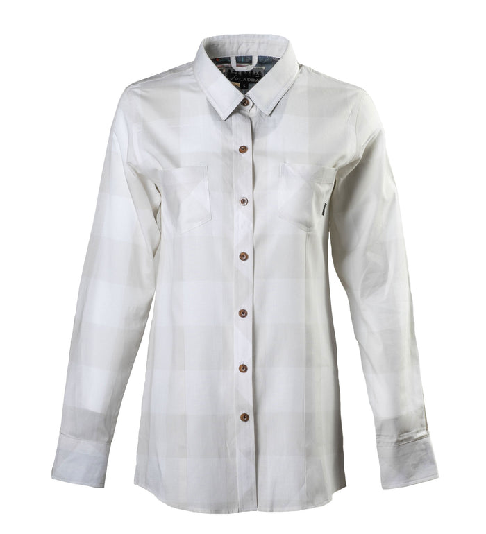 Pladra Women's Breeze Shirt in Whisper Grey: long-sleeve, wrinkle-resistant plaid with two chest pockets.