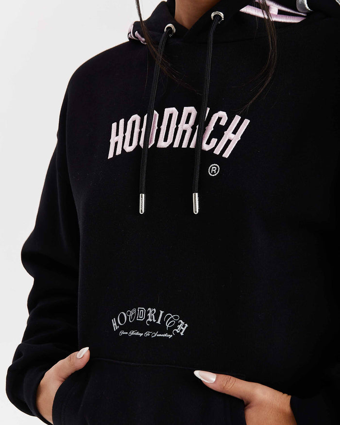 Black hoodie with 'HOODRICH' branding on a white background