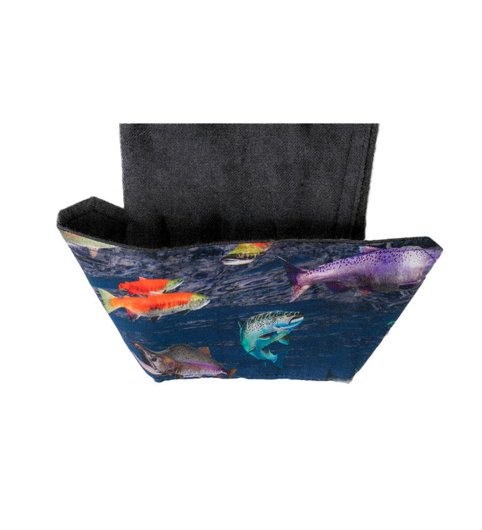 Rectangular fabric basket with a dark interior and a vibrant fish pattern on the exterior, inspired by the jet black heather color of the Women's Cascade Flannel Shirt, shown against a white background.