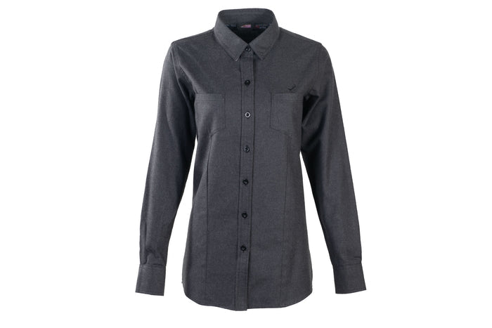 The Women's Cascade Flannel Shirt in Jet Black Heather is a long-sleeved, button-up shirt with a collar and two chest pockets, shown on a plain white background.